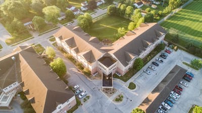 Aerial view of the Trinity Center building and grounds