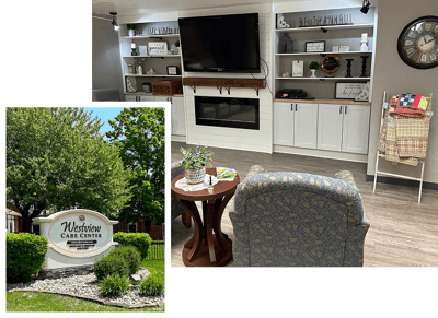 Exterior view of Westview Care Center sign and interior common area
