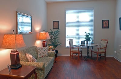 Bright common area with a sofa and dining table