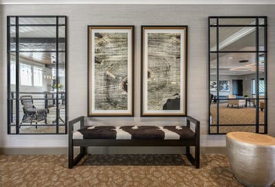 Interior seating area with modern artwork and decor
