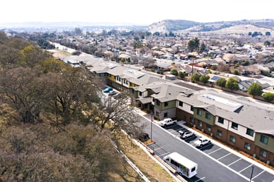 Aerial view of the assisted living facility and surrounding area