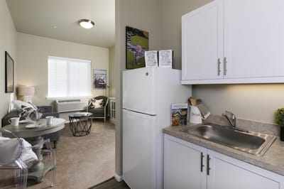 Cozy living space with kitchenette and seating area