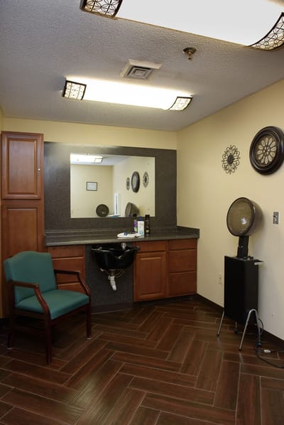 Interior view of a hair salon setup in a senior facility
