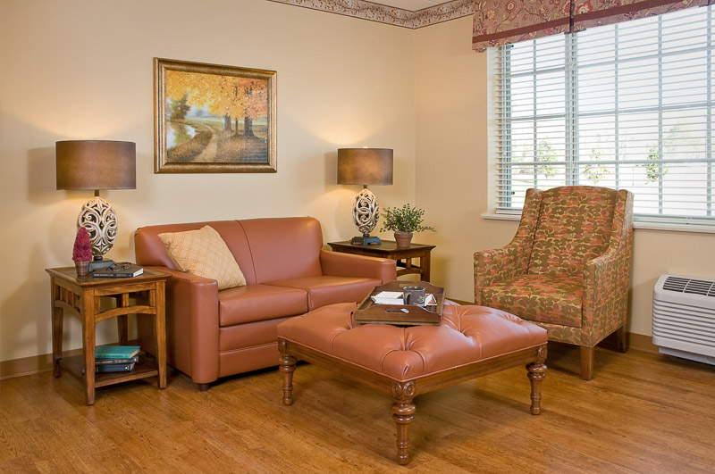 Cozy living room space in a senior care facility