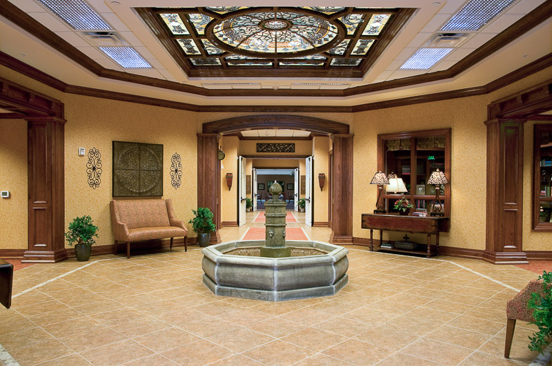 Lobby area with seating and decorative features