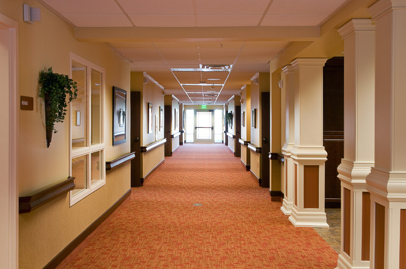Bright interior corridor with red carpet and artwork