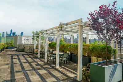 Rooftop outdoor space with seating and greenery
