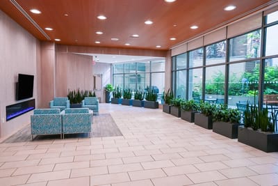 Bright lobby area with modern seating and plants
