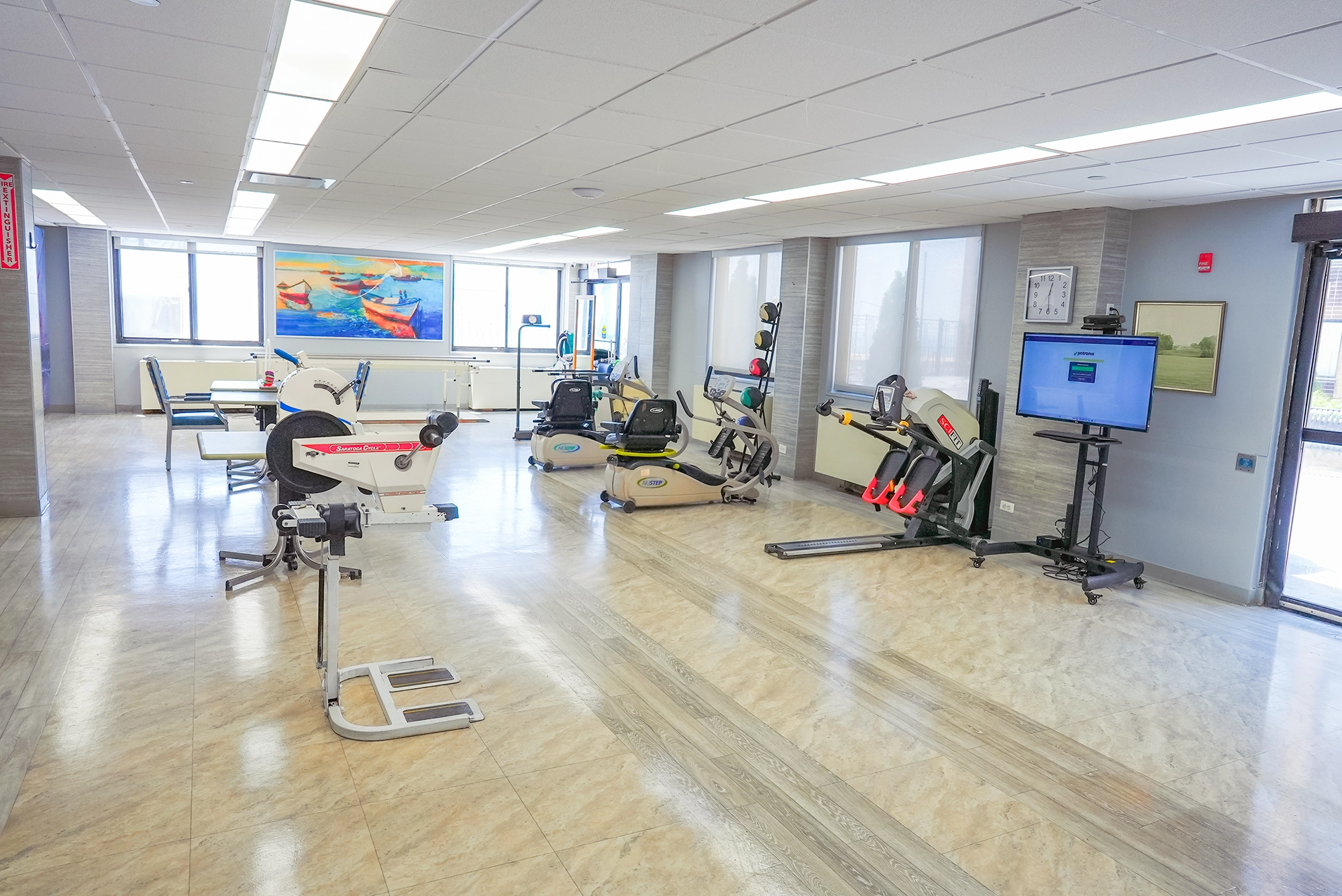 Interior view of a rehabilitation facility with exercise equipment