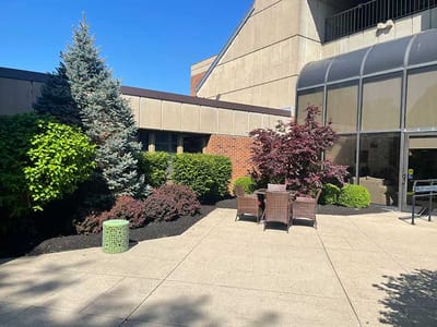 Outdoor sitting area with plants and seating
