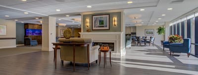 Bright and spacious common area with seating