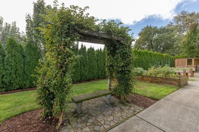 Quiet garden area with a bench and greenery