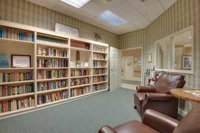 Cozy interior reading area with bookshelves