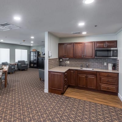Interior view of a communal kitchen and lounge area