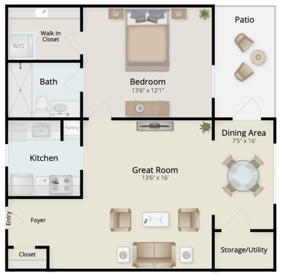 Architectural floor plan of a one-bedroom unit