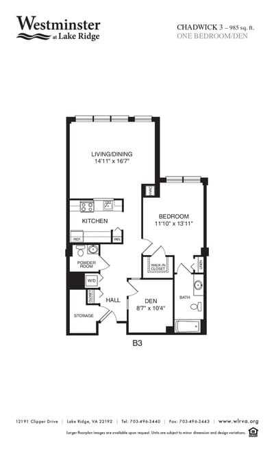 Architectural floor plan of a one bedroom/den unit