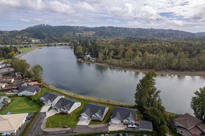 Aerial view of a serene lakeside community