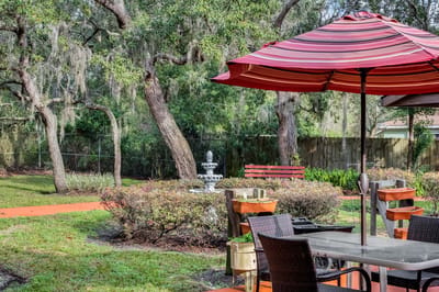 Outdoor seating area with a fountain and trees