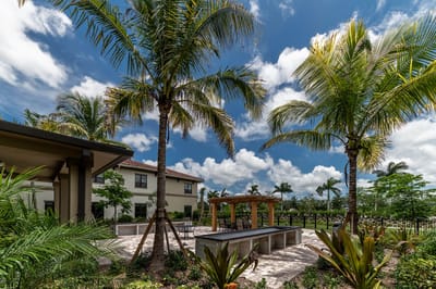 Outdoor seating area with palm trees and a patio