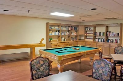 Common area with pool table and bookshelf
