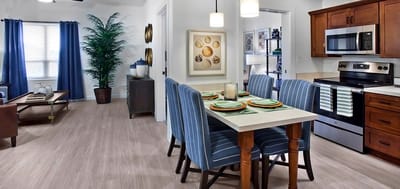 Brightly decorated dining area with modern furnishings