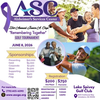 Logo of Alzheimer's Services Center with event details