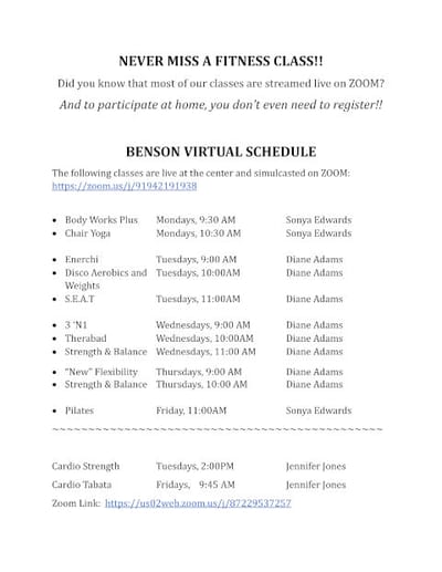 Virtual class schedule for fitness activities