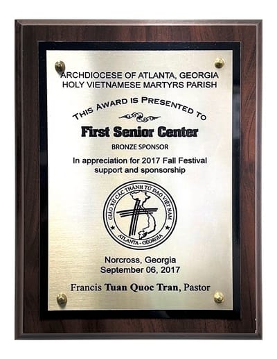 Bronze sponsor award plaque for First Senior Center