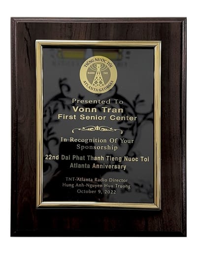 Award plaque for sponsorship recognition.