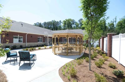 Outdoor courtyard with gazebo and seating area