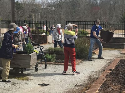 Residents participating in outdoor gardening activities