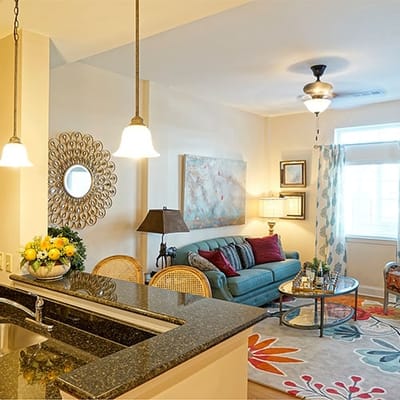 Bright and cozy living space in an assisted living facility