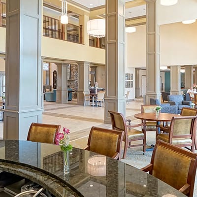 Bright common area with seating and decorations