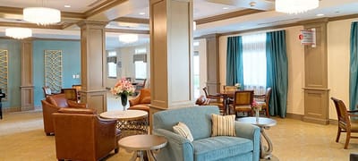 Interior view of a cozy common area with seating