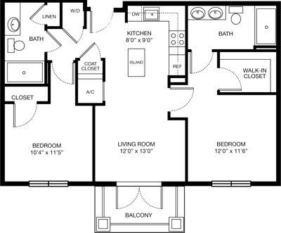 Architectural floor plan of a two-bedroom apartment