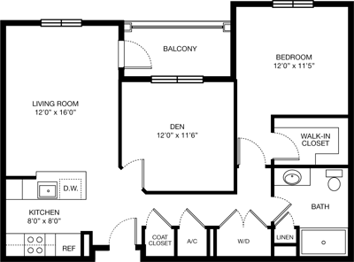 Architectural floor plan of a two-bedroom unit