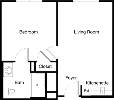 Architectural floor plan of a one-bedroom unit