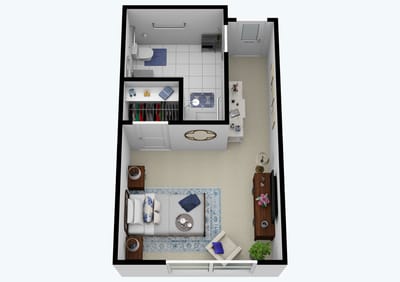 A floor plan layout of a resident room