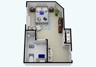 Floor plan of a private resident room with amenities