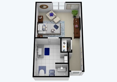 3D floor plan of a small living space
