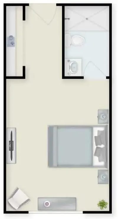 Architectural layout of a one-bedroom unit