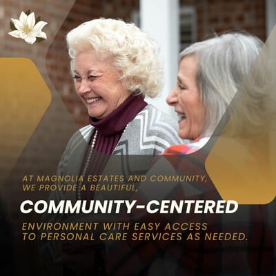 Magnolia Estates, nursing home in Elberton, GA — Two smiling women enjoying conversation outdoors