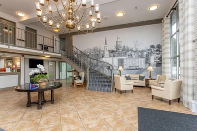 Modern lobby area with comfortable seating and decor