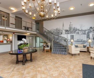Bright lobby area with seating and decor