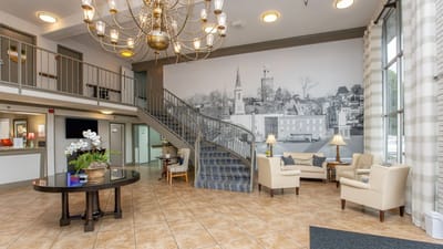Welcoming lobby area with seating and decor