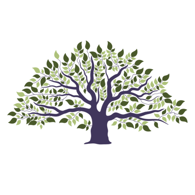 Stylized tree logo with green leaves