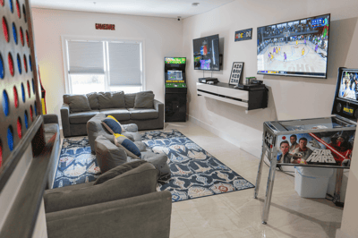 Activity room with games and seating area