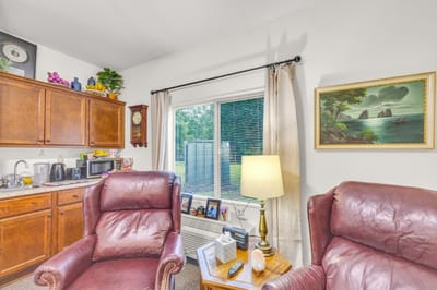 Cozy living space with comfortable chairs and kitchen area.
