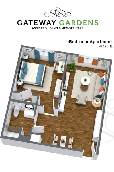 A floor plan of a 1-bedroom apartment at Gateway Gardens