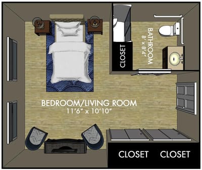 Floor plan of a bedroom/living room area